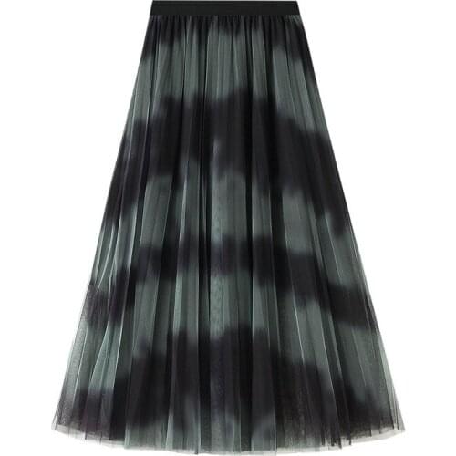 Midi Long Striped Mesh Skirt Women Fashion High Waist Tulle Skirts Female New Spring Summer Tie-dyed Maxi Pleated Skirt Lady