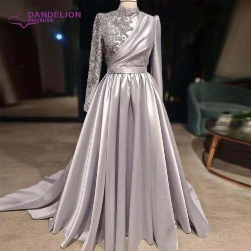 Elegant High Neck Evening Dresses For Women 2021 A-Line Long Sleeve Arabic Muslim Beading Prom Party Gowns