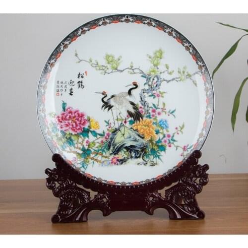 Chinese Style Jingdezhen Porcelain Red-crowned Crane Home Decoration Plate Wooden Base Set Wedding Gifts