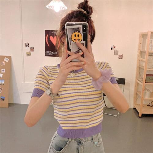 Woman TShirts Womens Summer Stripes Knitted round Neck T-shirt Short Top Crop Top Mujer Camisetas
