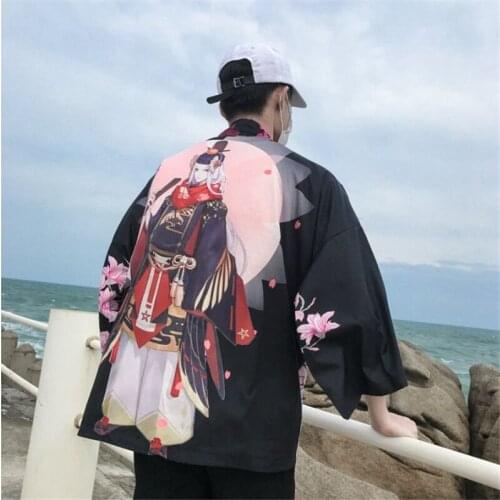 Куртки Fruit pattern Traditional japanese kimono yukata man japanese Short Robe Loose kimomo japanese cardigan white kimono