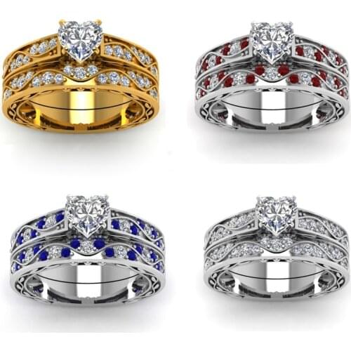 Trendy Crystal Engagement Rings Set For Women Female Wedding Jewelry Elegant Heart-shape White Zircon Rings Wedding Band Gift