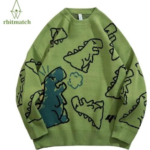 2021 Mens Hip Hop Streetwear Harajuku Sweater Vintage Retro Japanese Style Anime Dinosaur Knitted Sweater Autumn Cotton Pullover