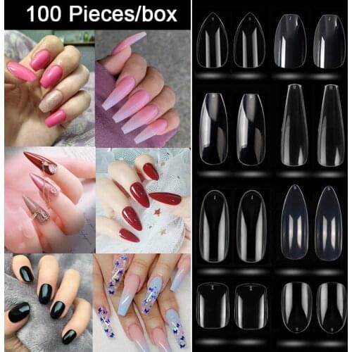 100pcs/box Clear Full Cover Coffin Fake Nails Ballerina False Nail Tips Short Acrylic Nails Tips DIY Artificial Fake Nails Tips