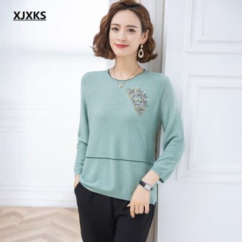 XJXKS 2021 autumn winter new round neck three-quarter sleeve sweater women pullover comfortable women wool knitted thin sweater