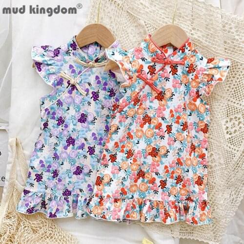 Mudkingdom Girl Cheongsam Dress Chinese Style Print Sleeveless Ruched Buckle Clothes for Toddler Chiffon Vintage A-line Dresses