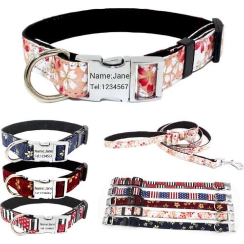 Dog Collar Leash Personalized Pet Cat ID Collars Engraving Tag Nylon Floral For Small Medium large Goats Teddy Pug Chihuahua