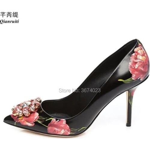 Qianruiti Wedding Party Shoes Floral Print Pumps Crystal High Heels Pointed Toe Rose Flower Bridal Shoes Dress Heels Women