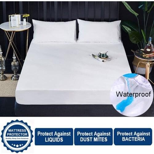 Solid Color Matress Cover Waterproof Bed Cover with Elastic Band Polyester Anti-bacteria Mattress Protector free shipping