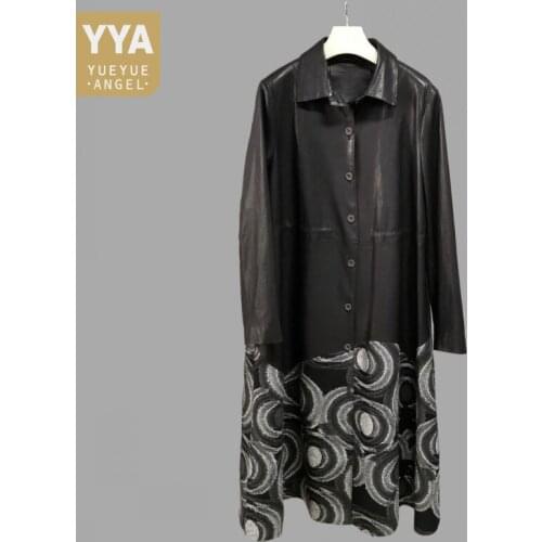 Vintage Women Single Breasted Patchwork Long Sheepskin Genuine Leather Jacket Harajuku Ladies Loose Fit Windbreaker Outwear Coat