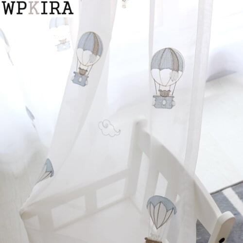 Cartoon Blue Hot Air Balloon Curtain for Kids Baby Room White Sheer Drape Living Room Embroidery Voile French Winow S531#E