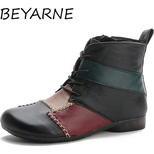 BEYARNE 2021 New Autumn Winter Genuine Leather Retro Round Toe lacing Ankle Boots Low Heel All Match Women Shoes Size 35-41