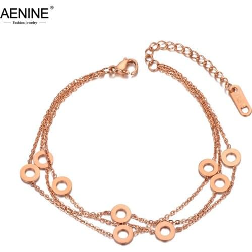AENINE Fashion Titanium Stainless Steel Circle Charm Bracelets For Women Three Layer Boho Style Chain Praty Bracelet AB20075
