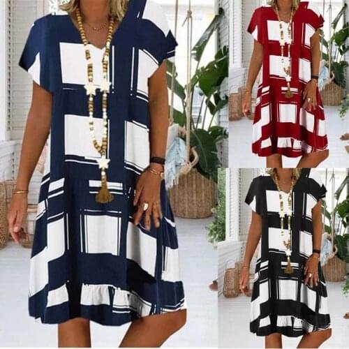 Summer Knee Length Short Sleeve V-neck Plaid Pattern Loose Casual Dress Plus Size Clothing For Women