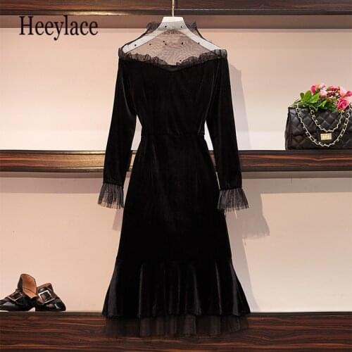 Plus size ladies black sexy mesh patchwork velvet dresses off shoulder high waist korean large size vestidos autumn slim dress