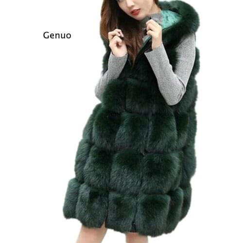 New Winter 90Cm Thick Warm Faux Silver Fox Fur Sleeveless Vest with Hooded Women Faux Fur Vest Coat Long Fur Coat Jacket