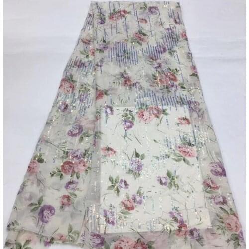 5yards/pc) Soft African chiffon lace fabric with lovely flowers prints and sequins embroidery for party dress FSS208