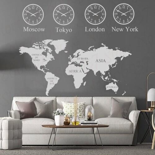 Large World Map Vinyl Wall Sticker London Newyork Tokyo Moscow City Time For House Living Room Decoration Bedroom Mural WL2177