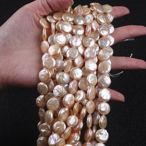 Real Natural Freshwater Pearl 13-14mm Pink Color Coin Shape Bead Strand For DIY Jewelry