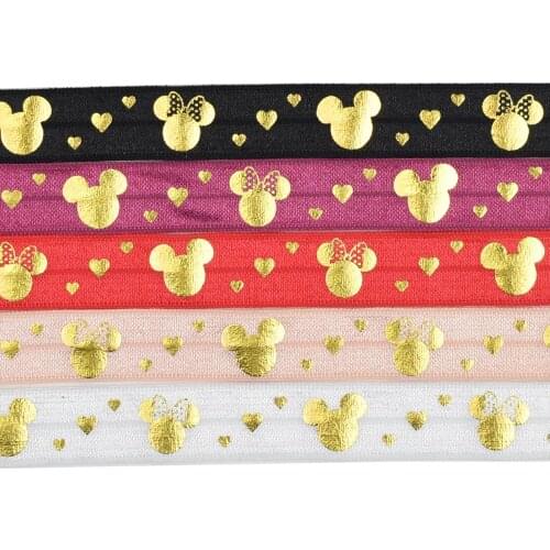5/8" Gold Foil Cartoon Mouse Head Heart Fold Over Elastic Foe Elastic For Headband Ties Hair Accessory Welcome Custom Printed