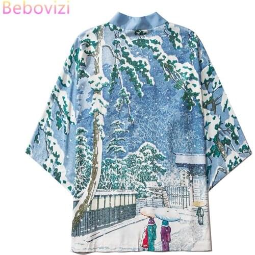 M-XXL 2021 Fashion Asian Blue Summer Streetwear Cardigan Women Men Harajuku Haori Japanese Kimono Cosplay Blouse Yukata Clothes