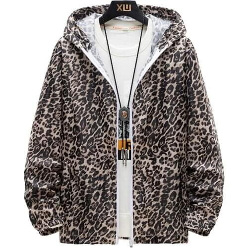 Summer Mens Leopard Sun Protection Clothing Hooded Ultra-Thin Jacket Fashion Windbreaker Skin Sunscreen Coat Male Plus Size 7XL