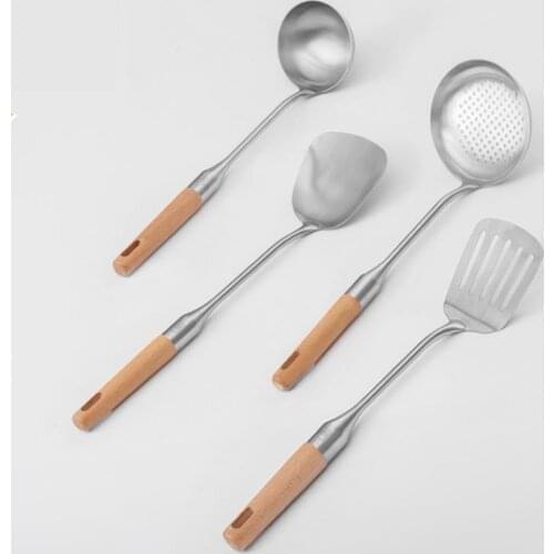 NEW Stainless steel shovel spoon with wooden handle Thick stainless steel kitchen spatula Colander Fried shovel Cooking Tools