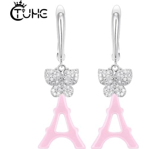 Cute Womens Earrings Pink Ceramic Tower Shaped Stud Earring With Micro Pave Butterfly Fashion Design Jewelry 2020 Trend Gift
