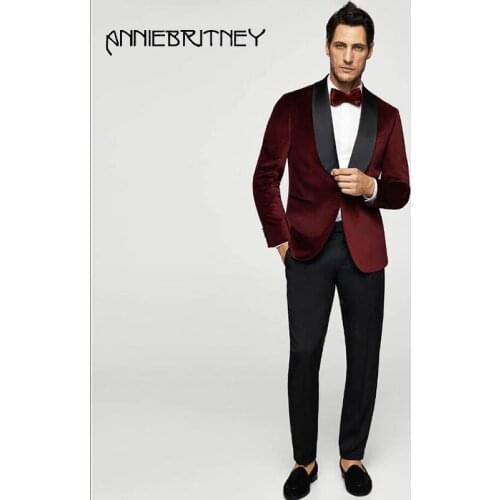 2018 wine red men suit for wedding evening party velvet custom blazer satin shawl lapel classic jacket slim fit formal 2 piece