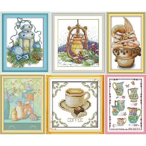 Oil lamps&porcelain Series handmade cross stitch kits 11CT14CT printed pattern craft DMC fabric sewing needlework embroidery set