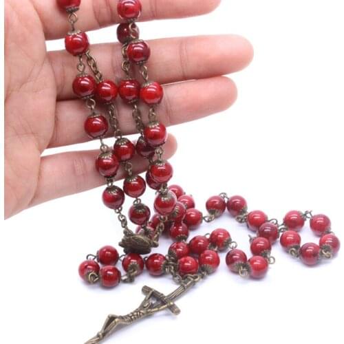 Vintage Catholic Religious Jewelry Christian Ancient Bronze Glass Beads Long Pendant Cross Rosary Necklace