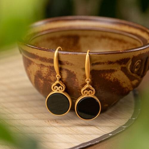 Original S925 Sterling Silver Natural Hetian Dark Jade Simple Classical Black Personalized Peace Buckle Ladies Ear Hook Earrings