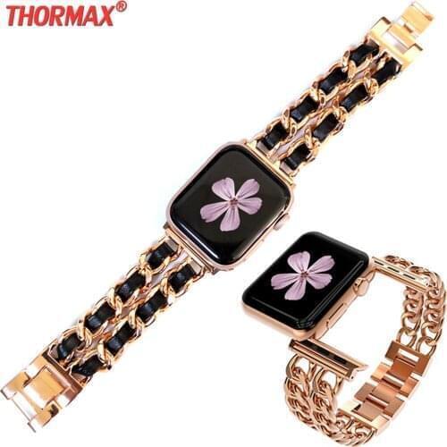 For Apple Watch 5 4 40mm 44mm Watchbands Stainless Steel Chain With Leather Bracelet Strap band for iwatch Series 3 2 38mm 42mm