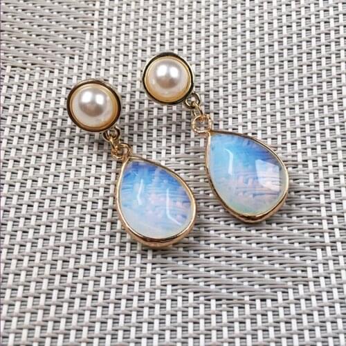 FYSL Light Yellow Gold Color Water Drop Opalite Opal Stud Earrings for Women with Pearls Jewelry