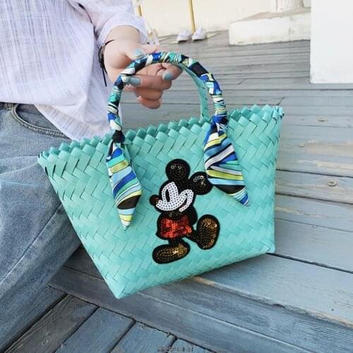 Mickey Mouse Womens Hand Made Straw Handbag Flower Woven Summer Beach Messenger Tote Bag Basket Shopper Purse Disney