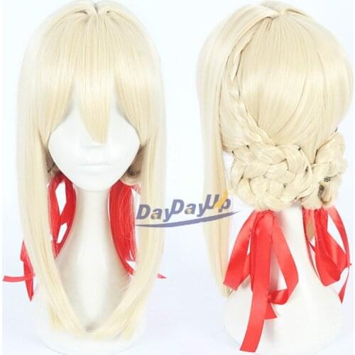 Violet Evergarden Anime Braid Buns Blonde Role Play Heat Resistant Synthetic Hair Halloween Party Cosplay + Free Wig Cap
