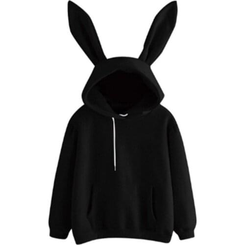 Y2k Women Bunny Ear Hooded Sweater Adults Solid Color Long Sleeve Pullover with Pocket Drawstring Womens Clothing