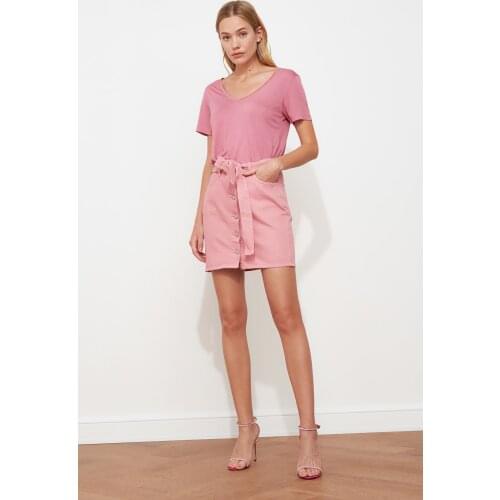 Pink Belt Detailed Denim High Waist Mini Skirt 2021 Spring Summer Fashion Trend Casual Young Style Different Model Skirts