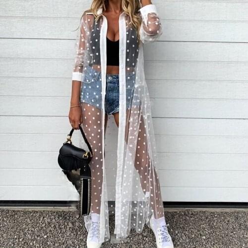 Womans Polka Dot Beach Smock Sexy Lapel Long Sleeve Mesh Perspective Cover Up for Daily Life and Vacation