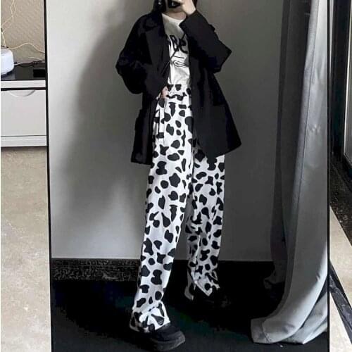 Pants womens autumn 2020 new ins Harajuku style cow pattern drape wide-leg pants loose and thin straight trousers