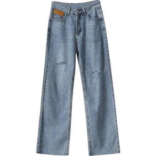 2020 New Autumn Ripped Design For Mujer Women Loose Style Wide Leg Denim Vintage Jeans Pants