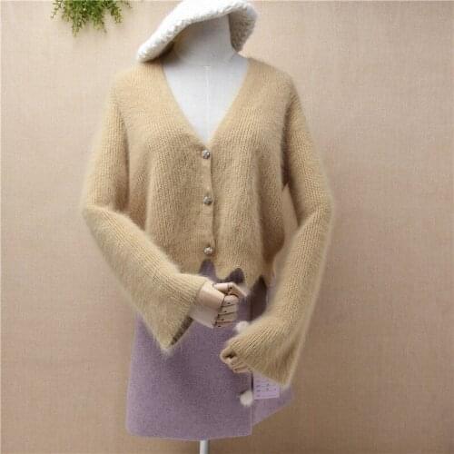 K162 ladies women fashion short crop top mink cashmere knitted v-neck long flare sleeves loose cardigans mink fur jacket coat