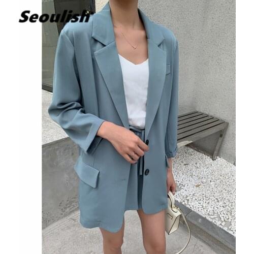 Seoulish 2021 New Summer Womens Shorts Suits Single Breasted Loose Blazer & Wide Leg Shorts Casual Office Womens Suits Sets
