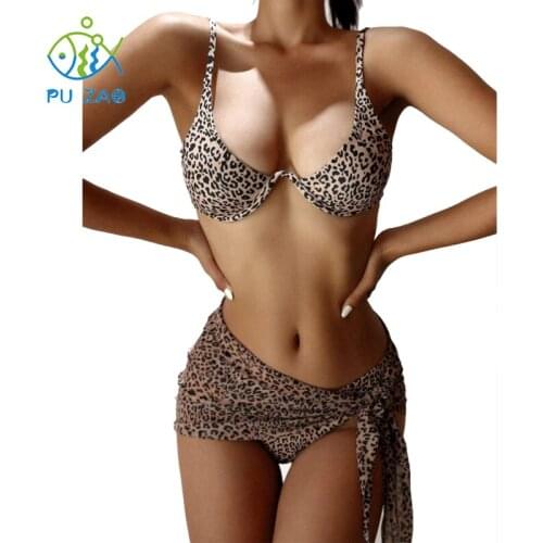 Leopard Womens Swimsuit 2021 New European And American High Waist Printed Sling Bikini Beach Push-up Three-piece Skirt Swimwear