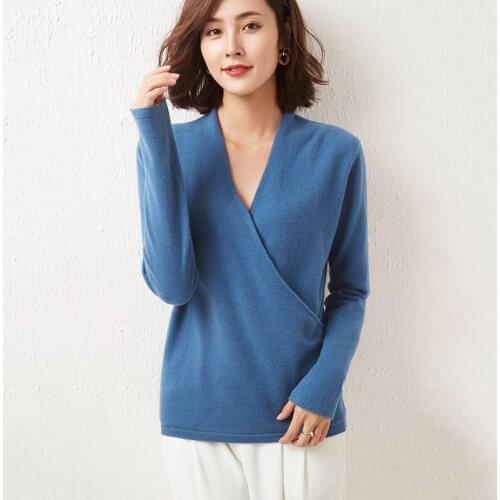 21Autumn Winter New,French Design Sense,Crossover V-Neck,Pure Wool Sweater Womens Pullover,Loose Jacket,Knitted Bottoming Shirt