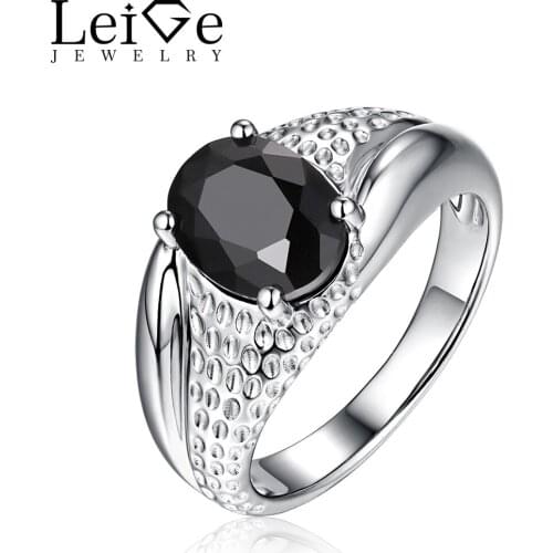 Leige Jewelry Natural Black Spinel Ring Solitaire Gemstone Oval Cut Sterling Silver Wedding Rings for Women Anniversary Gift