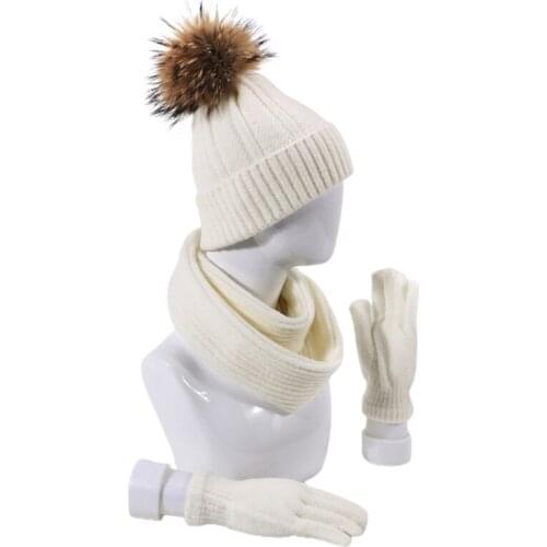 3pcs Men Women Knitted Beanie Hat Scarf Gloves Set Winter Warm Fake Ball Pom Pom Y1QD