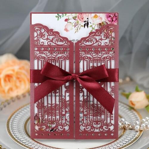 50pc/lot Burgundy Wedding Party Invitation With Bow DIY Hollow Flower Printing Anniversary Bridal Shower Marriage Greeting Cards