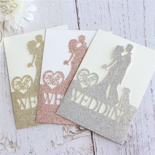 Glitter gold silver invitation card rustic wedding party decoration laser cutting 50pcs