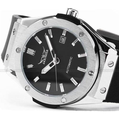 JARAGAR Brands Silver Stainless Steel Case Analog Automatic Mechanical Silicon Sports Mens Watches With Date
